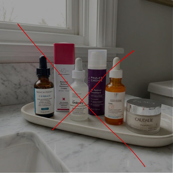 Shelf of brightening products crossed out