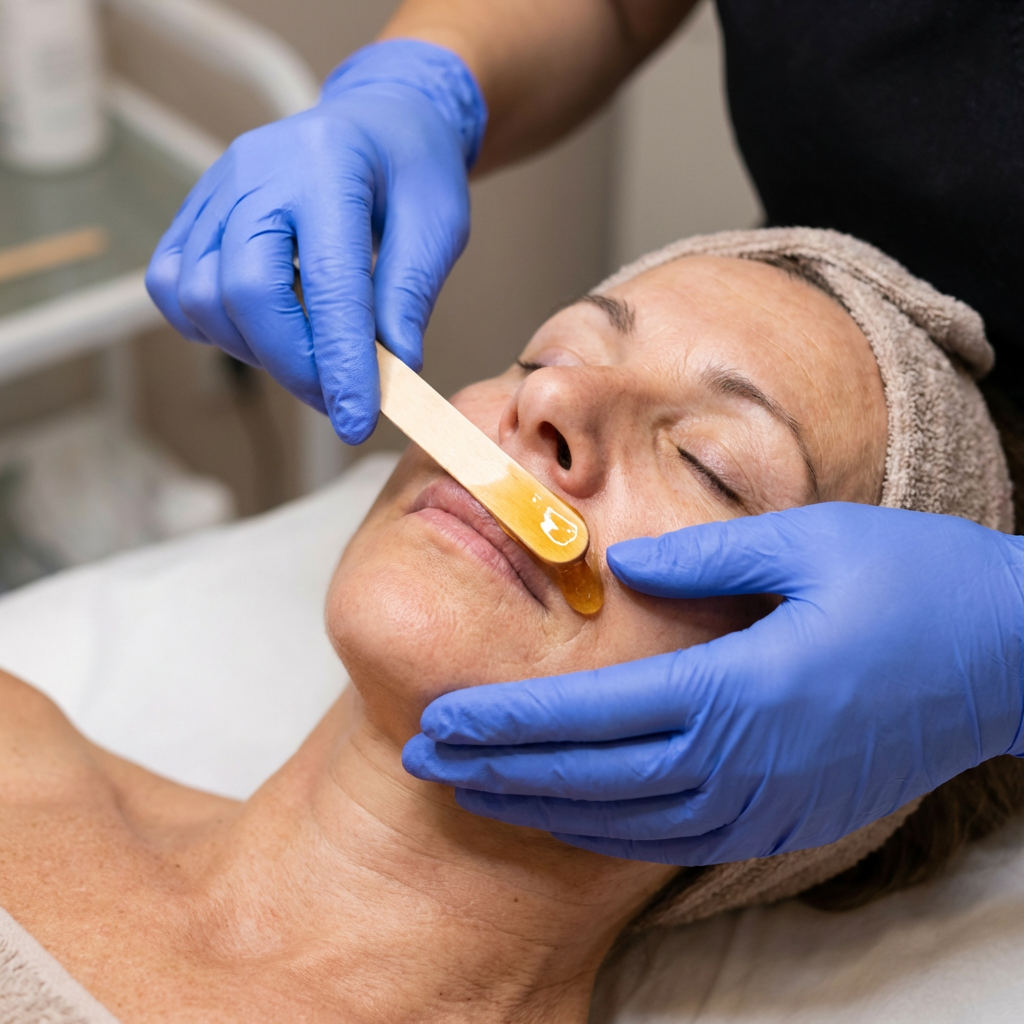 Aesthetician waxing a client's face
